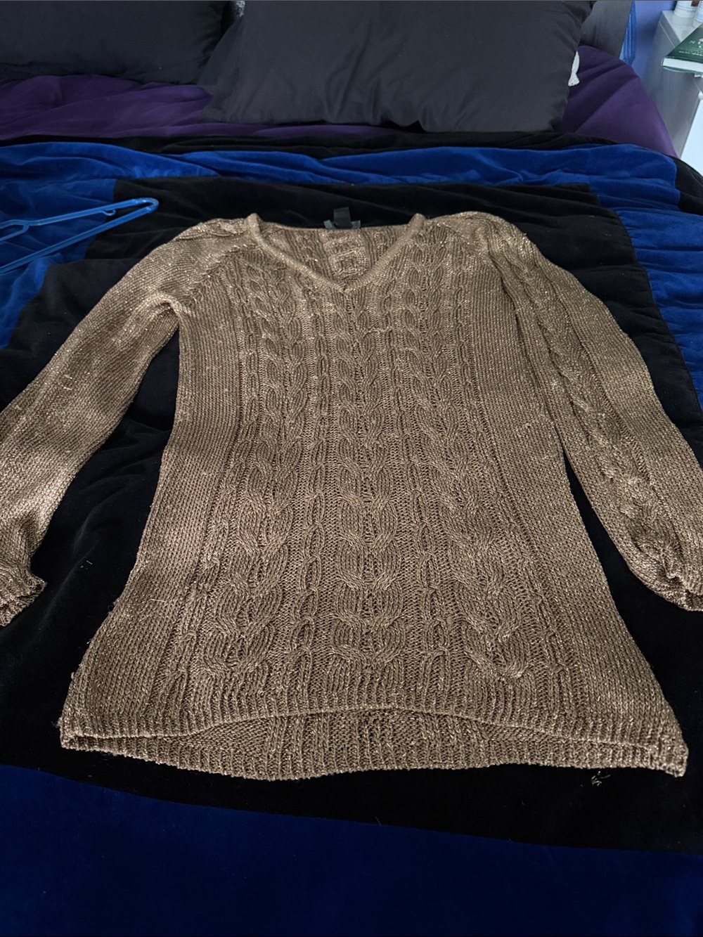 Mango Metallic Bronze Cable Knit V-Neck Sweater